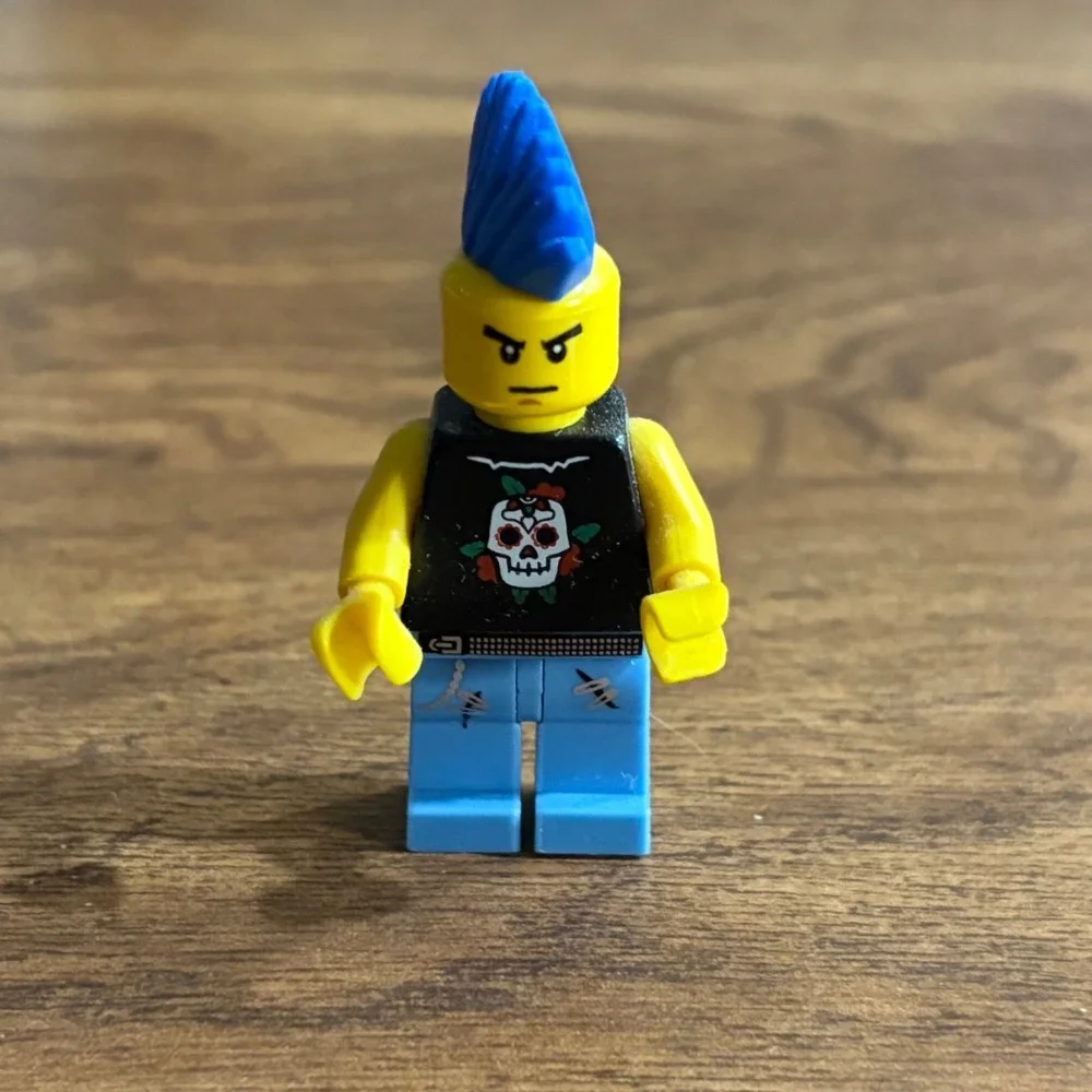 LEGO Punk Rocker Minifigure Blue Mohawk Skull Tank Band Heavy Metal Singer